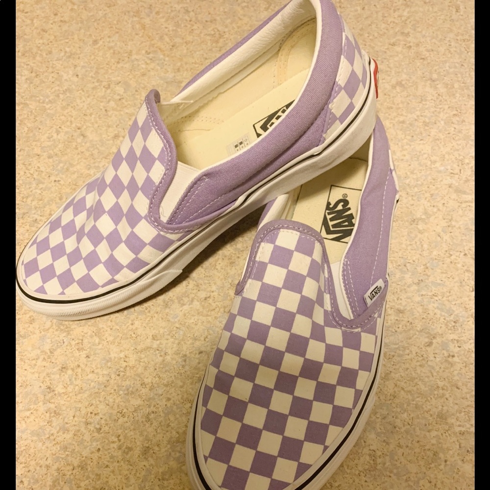 Purple & White checkered slip on Vans